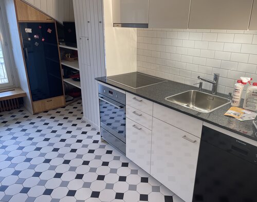 Küchenboden mit Einlegern in zwei verschieden Farben und passender Küchenrückwand aus feinster Keramik.